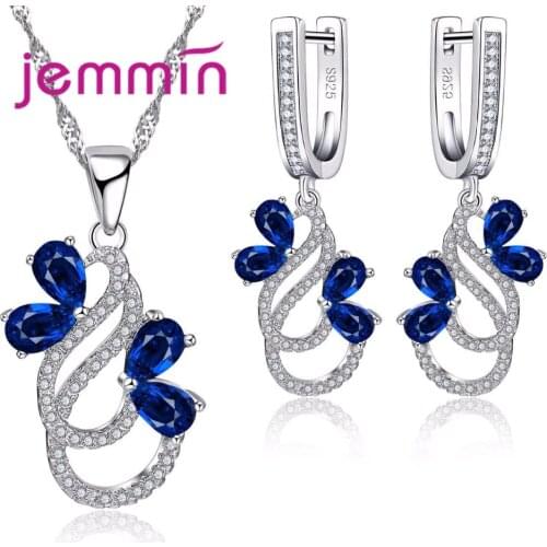 Luxury 925 Sterling Silver Necklace Earrings Set For Women Female Party Bule Austrian Crystal Jewelry High Quality