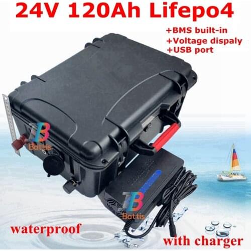 24V 120Ah 100Ah LiFepo4 lithium rion battery pack with BMS 150A for fishing boat motor AGV car truck Marine Caravan +10A charger