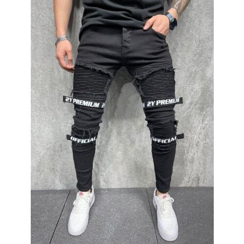 Premium Design Taped Rail Pattern Street Style Mens Jeans Black