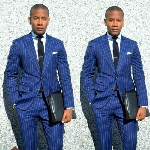 Men Suits Blue Striped Wedding Groom Men Blazers Spring Autumn Casual Business Slim Fits Social Blazer Prom Suit Jacket + Pants