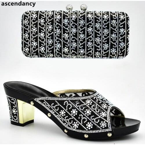 Ladies Shoes with Matching Bags Set Decorated with Rhinestone Nigerian Shoes and Matching Bags Set for Wedding Slip on Pumps