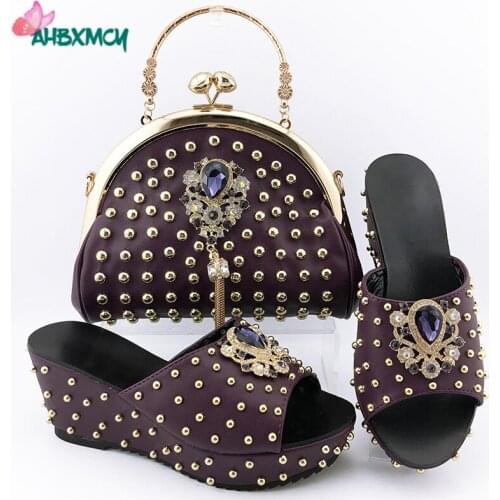 2020 Autumn Special Design Dark Purple Color with River Nigerian Ladies Shoes Matching Bag with Platform Elegant Style Shoes
