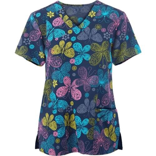 Plus Size 3xl Butterfly Print Nurse Uniform Scrubs Women Short Sleeve V-neck Tops Working Uniform Nurse Pocket Women Clothes