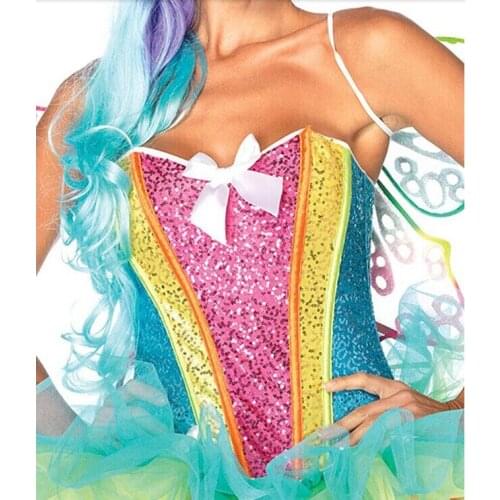 Sexy Lingerie Women Rainbow Contrast Color Bow Sequin Overbust Waist Trainer Corsets And Bustiers Female Corpetes E Espartilhos