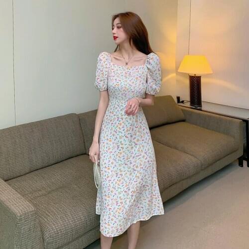 Square Neck Puff Sleeve Chiffon Printed Dress Super Fairy Sweet Elegant Dress 2021 Summer Fashion Womens Clothing