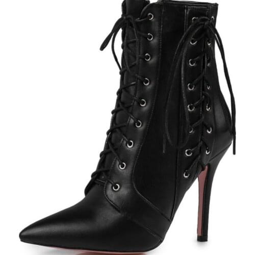 Women Boots Ankle & Bootie Cross Lace Up Large Size Pumps Women Shoes Autumn Winter PU Leather Thin Heel Botas Femininas WSH4147