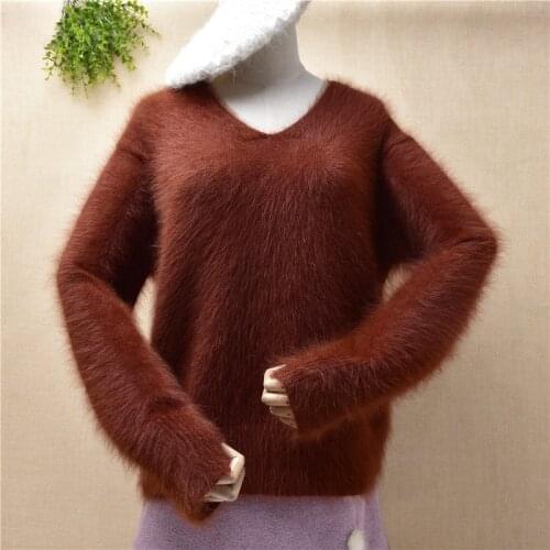 Ladies women fashion hairy fuzzy mink cashmere knitted v-neck long sleeve loose pullover angora rabbit fur winter jumper sweater