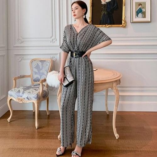 Fashion Summer Casual Vintage Beach Long Jumpsuits Women OL Elegant V-Neck Batwing Sleeve Sashes Print Chiffon Wide Leg Jumpsuit