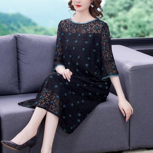 Spring Casual Lace Floral Embroidery 5XL Midi Dress Autumn Vintage Black Loose Dresses 2021 Women Elegant Bodycon Party Vestidos
