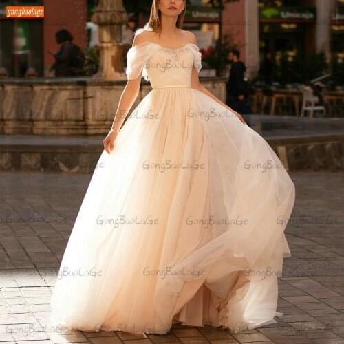 Sexy Champagne Wedding Gown Boho 2021 Vestido De Novia Lace Up Tulle Corset Bohemian Bridal Dresses Custom Made Robe De Mariage
