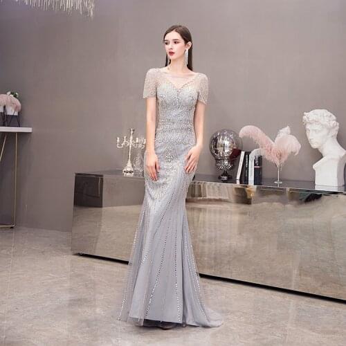 Luxury Fashion Heavy Beading Short Sleeves Mermaid Evening Dresses Sexy V Neck Women Formal Party Gowns vestidos de noche 2021