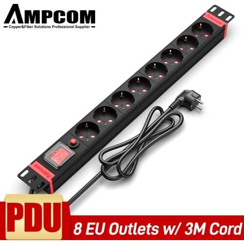 AMPCOM EU Plug PDU Power Strip Switcher 8 Outlets 1U 220-250V 10/16A Copper Material with Aluminum Alloy body 3m Power Cord