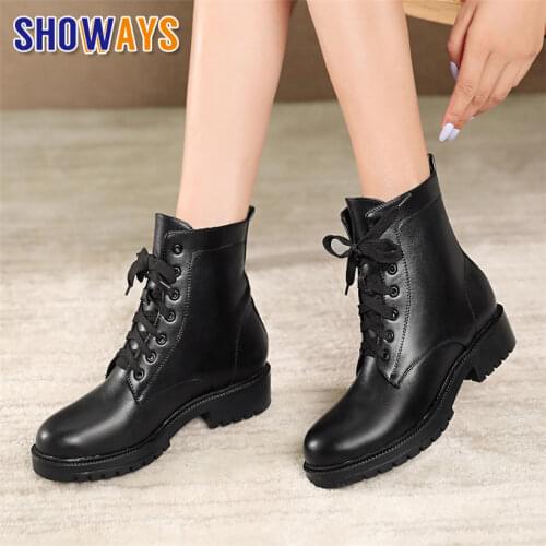 British Winter Women Martin Boots Black Beige PU Thick Heel Casual Office Lady Round Toe Warm Plush Lace-up Platform Ankle Boots