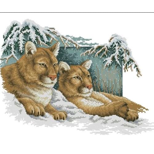 Wood Animal Snowy Cougars Cross Stitch Kits Needlework 14CT Unprinted Embroidered Top Quality DIY Handmade Decoration
