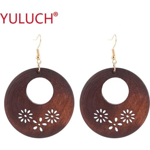 YULUCH Ethnic Jewelry New Design Natural Wooden Round Hollow out Small Chrysanthemum Pendant for African Women Earrings Gifts