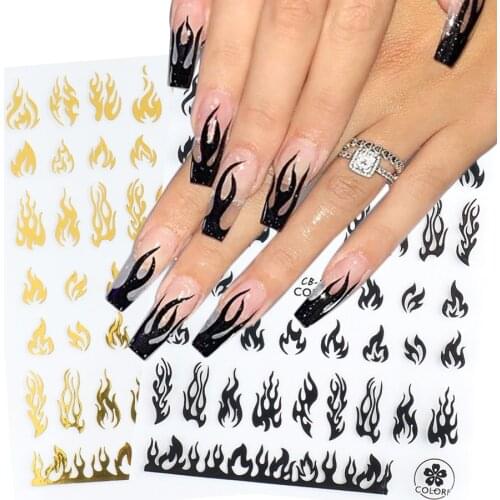 3D Holographic Fire Flame Nail Stickers Slider Gold Black New Year Manicure Decals DIY Nail Art Decorations Decor Tool GLCB205