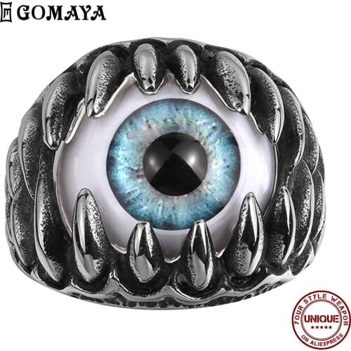GOMAYA Stainless Steel Rings Cool Fashion Punk Neo-Gothic Vintage Unisex Creative Personality Eyeball Ring Party Fine Jewelry