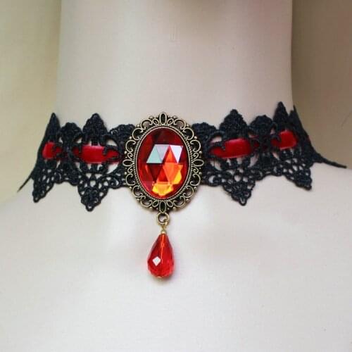 Gothic Chokers Lace Crystal Gem Necklace Woman Vintage Choker Vampire Princess Neck Collared Necklace Jewelry Gift for Girls