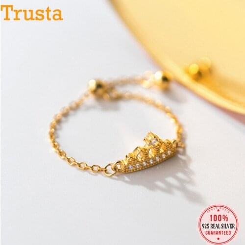 TrustDavis Real 925 Sterling Silver Fashion Gold Crown CZ Beads Chain Ring Sizable For Women Wedding Party Fine Jewelry DA2030