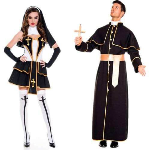 Halloween Man Missionary Women Nun Costume Priest Cross Robe Toga Christian Believer Fancy Dress