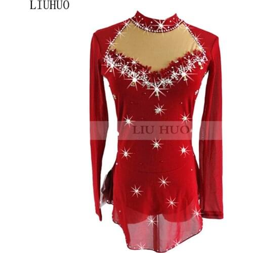 Figure Skating Dress Womens Girls' Ice Skating Dress Claret Long sleeve Stand collar A fine decorative pattern of water drill