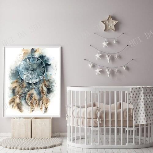 Dreamcatcher Wall Print, Dreamcatcher Teal Amber Watercolor Painting, Celestial Living Room Fine Art Print for Wall Decor print