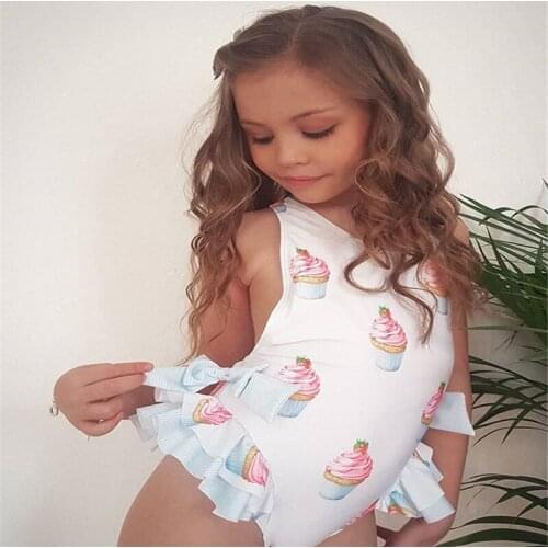 Cute Girl’s Bikini Ruffles One Piece Swimsuit Bow Cake Pattern Backless Suspender Swimsuit 2021 New Kids Swimwear