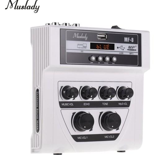 Muslady MF-8 Mini Karaoke Sound Audio Mixer Stereo Echo Mixers Dual Microphone Inputs Support BT Recording MP3 for PC Amplifier
