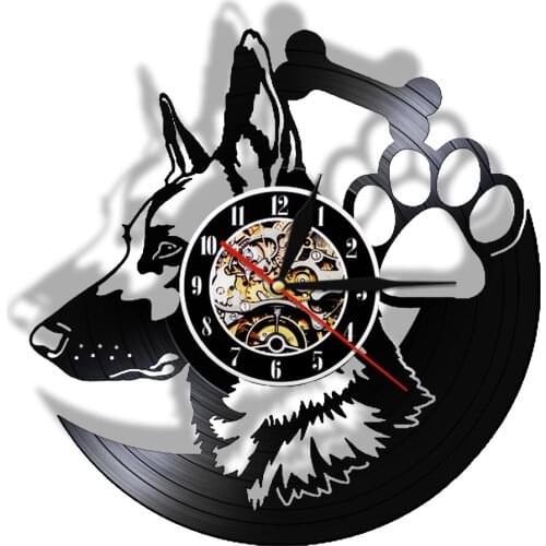 1Piece Vinyl Record Wall Clock Retro 12" Wall Art Dog Lover Gift German Shepherd Design LP Animals Wall Mounted Timepiece