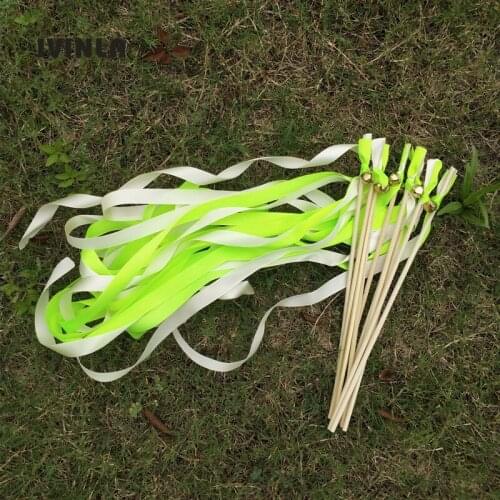 Newest 50pcs/lot Fluorescent green and cream wedding wands with bell for wedding decoration