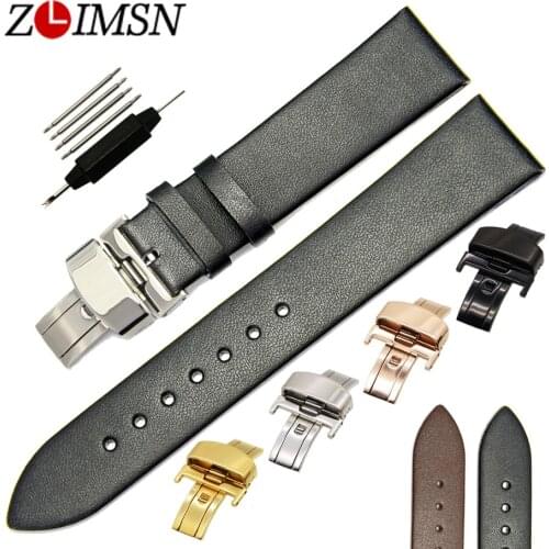 ZLIMSN Black Genuine Leather Watchbands Deployment Clasp 18 20 22mm Watch Women Bands Replacement Watches Parts Relojes Hombre