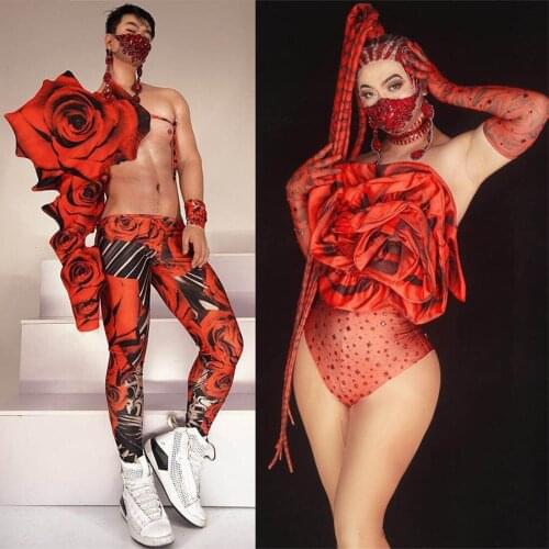 Men Female Dance Team Bar Nightclub Stage Wear Red Big Rose Shoulder Legging Dance Outfit Club Party DJ Show Performance Costume