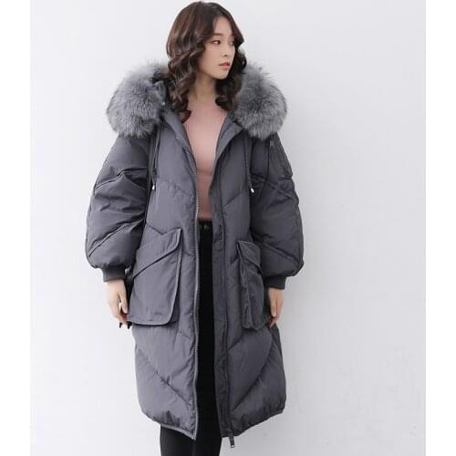 Grey Duck Down Jacket Woman Hooded Fur Long Coat Winter Korean Parka Womens Down Jackets Brands Campera Mujer KJ475