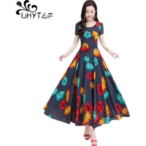 UHYTGF Women summer dress Korean beach chiffon long dresses fashion printing bandage dress Big swing loose plus size dresses 881