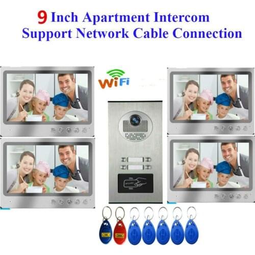 9inch Record Wired Wifi Video Intercom 2/3/4 Apartments with 2/3/4 Family RFID Video Doorphone System IR 1000tvl Doorbell Camera