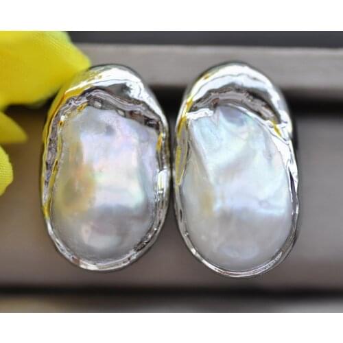 Z10236 28mm White Baroque Pear Keshi Pearl White gold-plating Earring