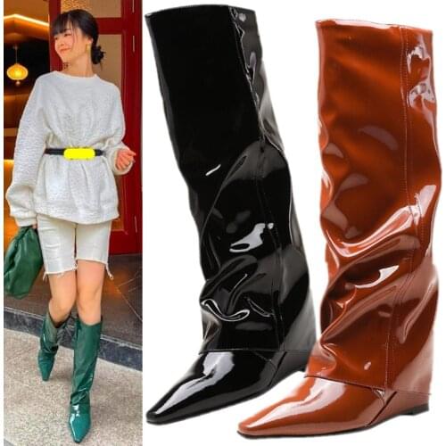 Sexy Party Pumps Womens Cow Leather Pointed Toe Knee High Boots Wedge Heel Tall Long Boots 34-42