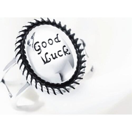 Sole Memory Double Layer Geometric Circle Good Luck Letter Retro 925 Sterling Silver Female Resizable Opening Rings SRI507