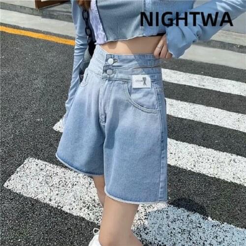 NIGHTWA New Summer Women High Waist Button Wigh Leg Jeans Shorts Casual Female Loose Fit Gradient Blue High street Denim Shorts