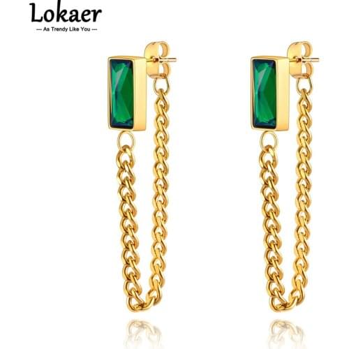 Lokaer Fashion 14K Gold Stainless Steel Geometry Thick Chain Earrings Bohemia Green CZ Crystal Party Jewelry For Women E21104