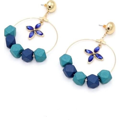 Big Loop Row Beaded Blue Wood beads Dangle Blue Leaf Earrings for Women