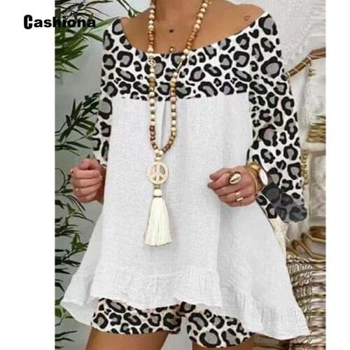 2021 New Patchwork Skirt Sets Womens Batwing Sleeve Blouse and Leopard Print Shorts Casual Two Piece Outfits Women Tracksuit