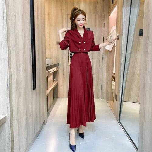 2pcs Tweed Women Dress Suit Set Lady England Preppy Style Short Blazer Top High Waist A-Line Pleated Skirt