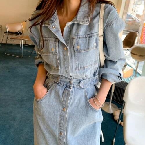Korean Fashion Long Denim Dress Women Casual Elastic Waist Button High Quality Vintage Split Single Breasted Party 2021 Dresses