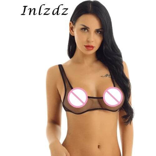 Womens Lingerie Hot Bra See Through Fishnet Hollow Out Exotic Sex Costume Wide Shoulder Straps Vest Tank Crop Top Bra Top