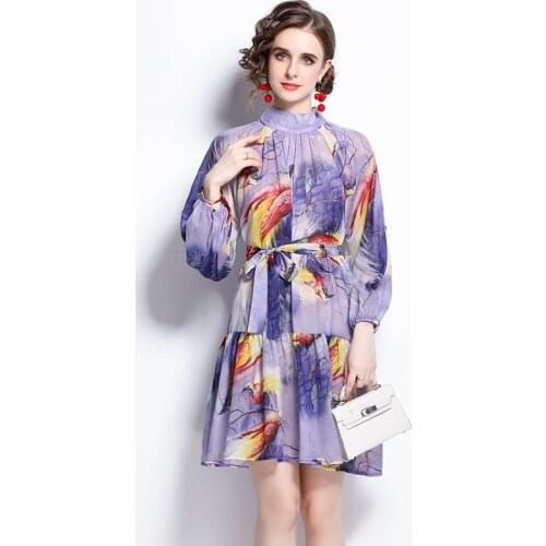 Stand Neck Purple Summer Dress Women Long Sleeve Lace Up Chiffon Dress Runway Streetwear Vintage Office Lady Loose Elegant k2060