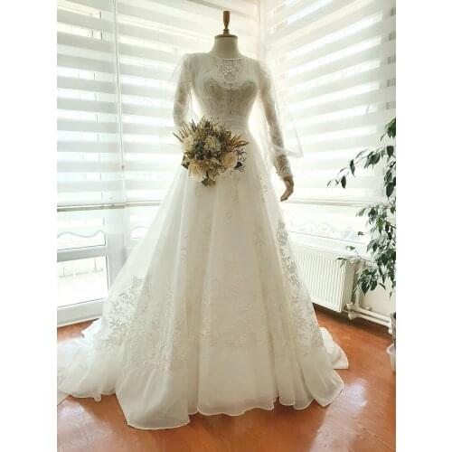 Wedding dress 2020 long puff sleeve high quality vintage lace a line tulle elegant princess handmade made in Turkey