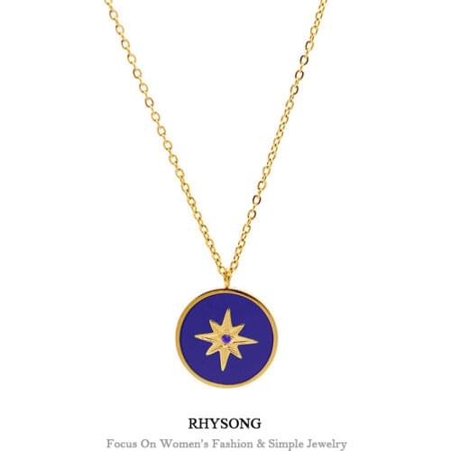 RHYSONG Vintage Women Necklace Round Pendant Blue Enamel Ocean Eight Pointed Star Compass Clavicle Chain Gold Plated Jewelry New