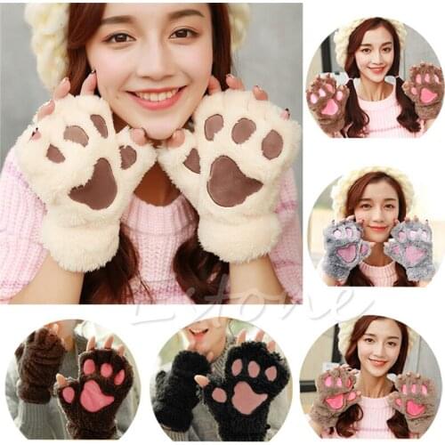 2020 Winter Lovely Women Bear Cat Claw Paw Mitten Plush Gloves Short Finger Half Gloves Ladies Half Cover Female Gloves luvas