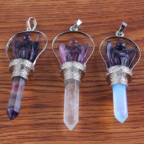 100-Unique 10 Pcs Charm Silver Plated Natural Fluorite Stone Rock Crystal Guardian Angel Pendant Fashion Jewelry For Gift